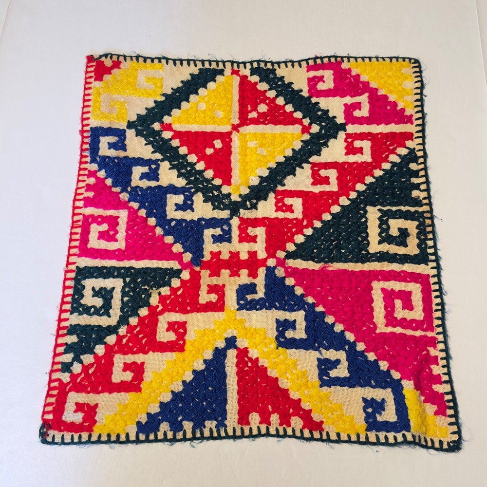Handmade Geometric Embroidery Textile Multi Color Folk Art Vintage 18x16 Boho